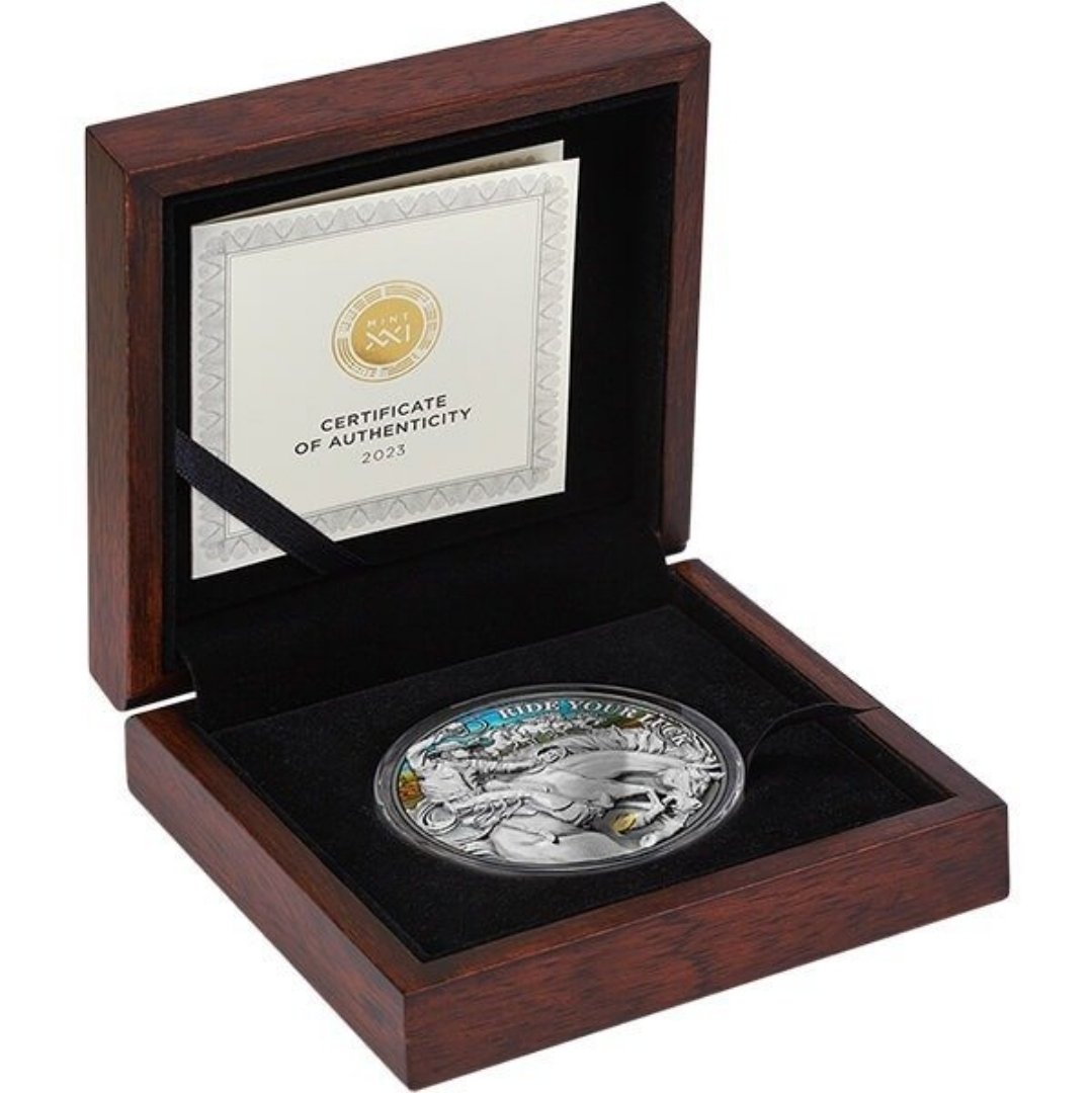 🍀 Ride Your Luck – Lucky Coin 2023
2 oz Silver .999 • Antique Finish • High Relief • Kun 500 stk worldwide - Billede 3