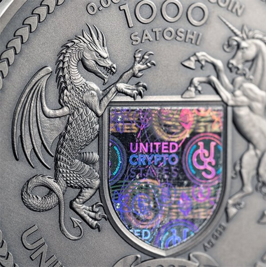 🦅 Binary Eagle – 1000 Satoshi 2023
2 oz Silver .999 • Antique Finish • Holografisk sikkerhed • 1000 stk worldwide - Billede 3