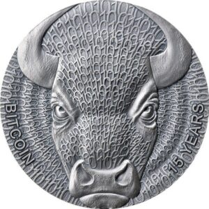 🐂 Binary Bull – 1000 Satoshi 2024
2 oz Silver .999 • Antique Finish • Højrelief • 15 Years Bitcoin Anniversary • 1000 stk